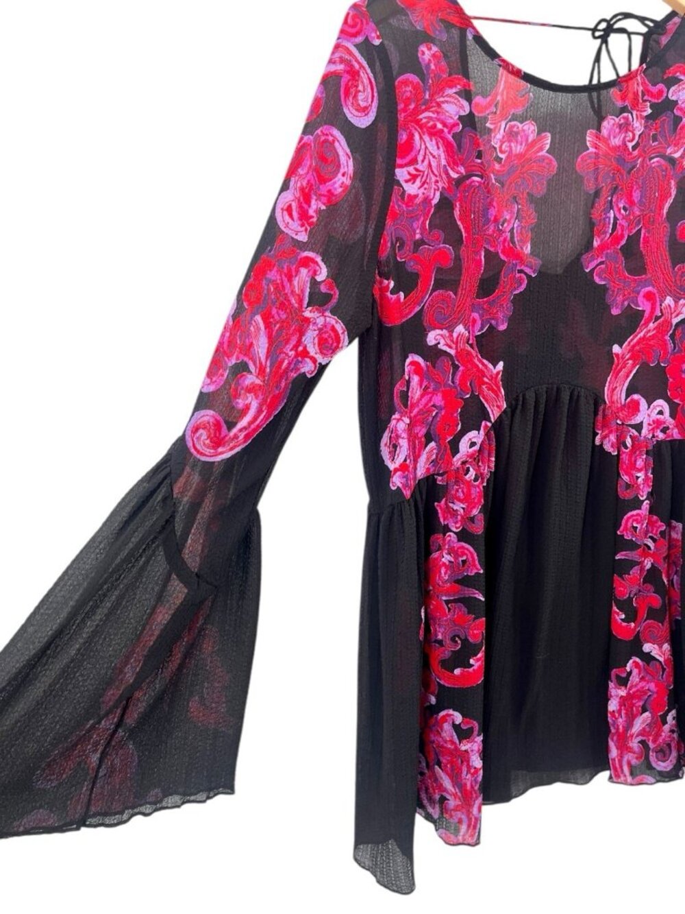 FREE PEOPLE INTIMATELY Women's Black Sheer Hot Pink Floral Tie Back Dress M NWT - Picture 2 of 7